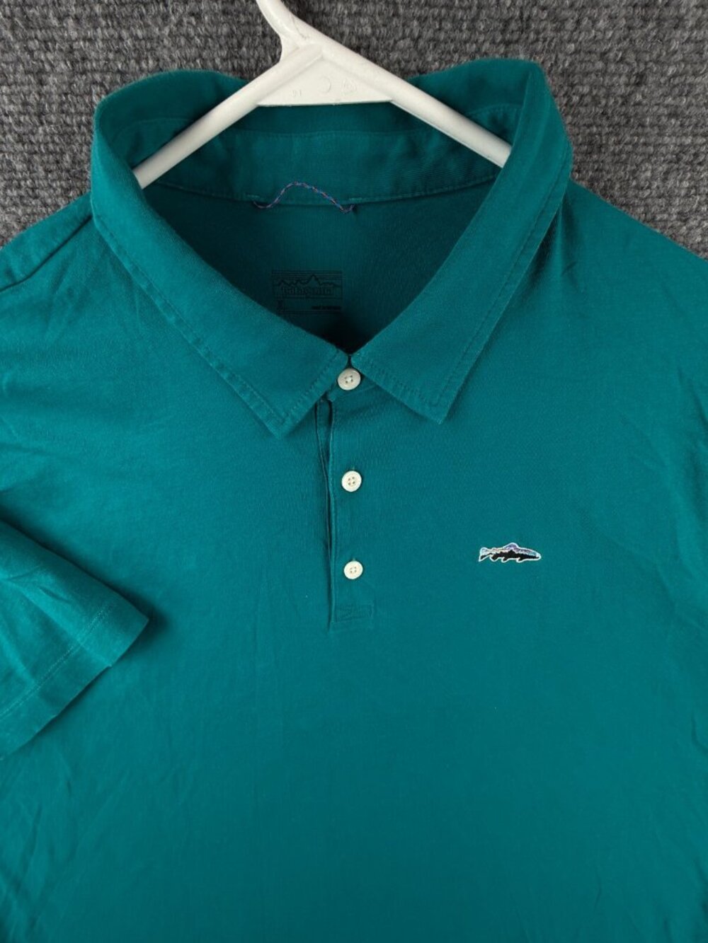 Patagonia Polo Shirt Men Green Solid Fish Logo XL Adult Organic Cotton Outdoor
